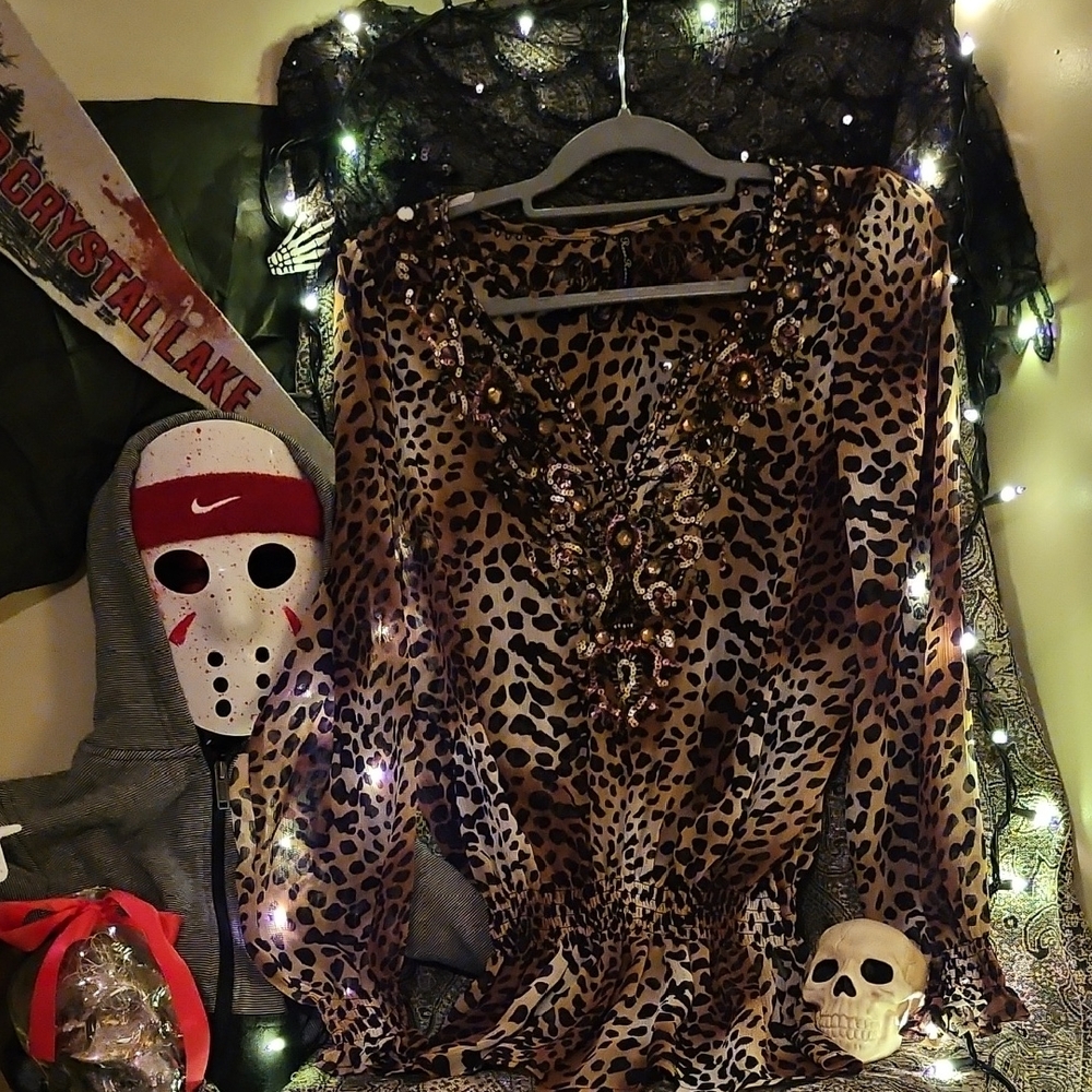 EUC Vintage Rena Renee Sheer Leopard Blouse W/ Embellishments And Cinched Detail